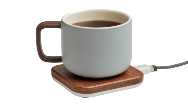 A light blue mug with dark coffee sitting on a wooden warmer with a cord on a black background
