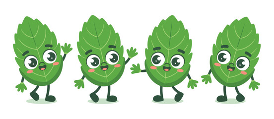 Obraz premium Cute Cartoon Mint Leaves Characters Set