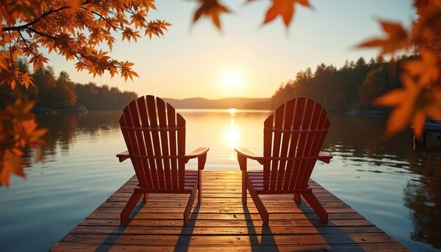 Two red Adirondack chairs sit on wooden dock facing calm lake at sunrise. Long shadows stretch across pier. Autumn leaves frame serene morning light over Muskoka, Ontario, Canada. Offers peaceful - Powered by Adobe