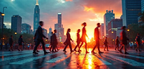 Vibrant city street at sunset. Blurred figures cross a wet road reflecting glowing skyscrapers under a dramatic sky. Captures dynamic urban life, traffic, and pedestrian motion.
