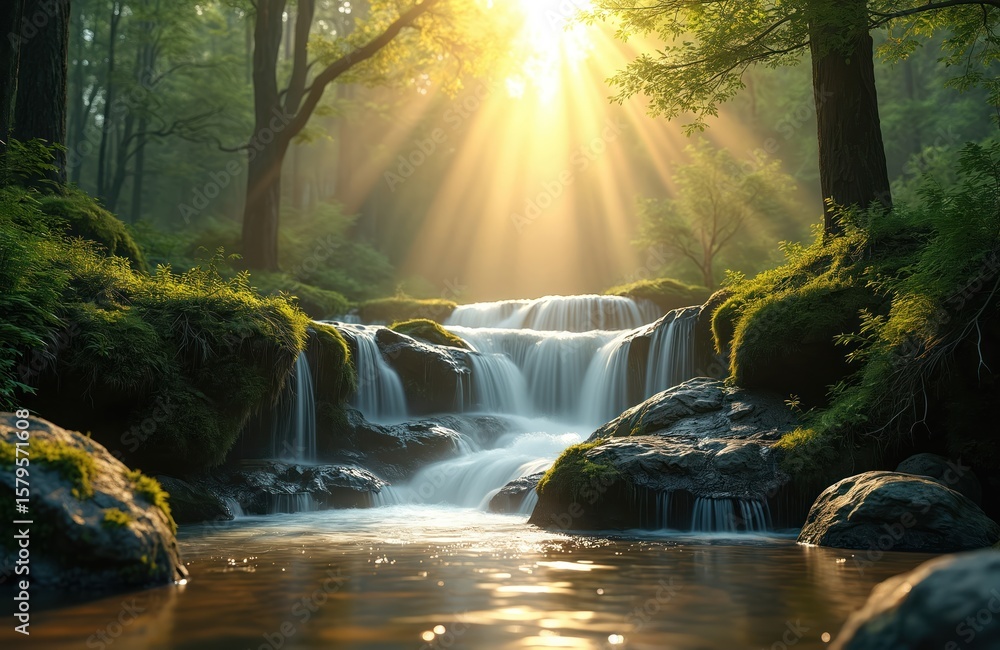 Poster lush forest waterfall with sun rays streaming through trees creating magical ambiance. moss covered 