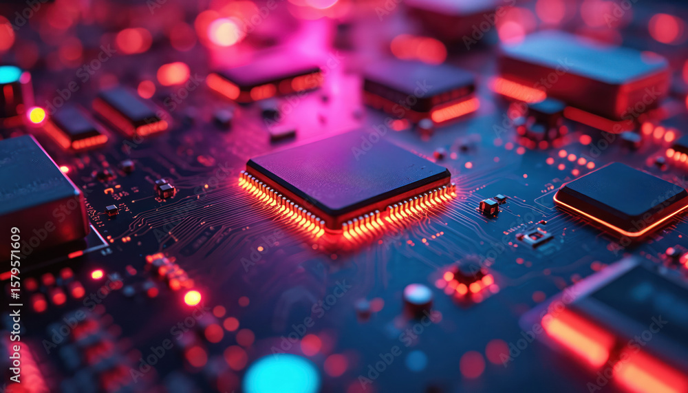 Aufkleber close-up macro view of advanced circuit board glowing with vibrant neon pink, cyan lights. intricate