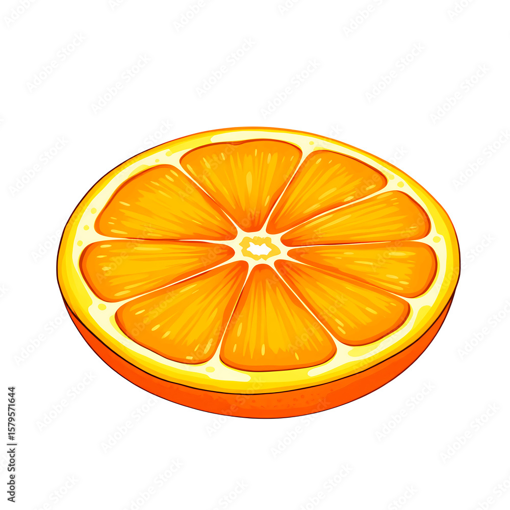 Poster illustration of a sliced orange with eight segments in vector art on transparent background
