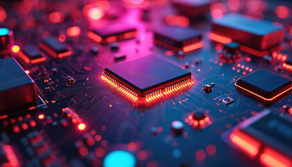 Close-up macro view of advanced circuit board glowing with vibrant neon pink, cyan lights. Intricate pathways, electronic components like processors, microchips, resistors create futuristic tech