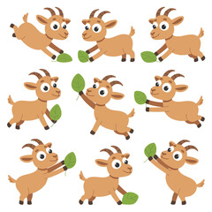 Fototapeta premium Cute cartoon goats in various playful poses holding green leaves