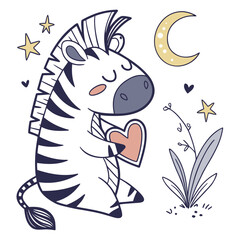 A Grumpy Zebra with holding a heart in a Starry night theme – Magical Night palette SVG illustration