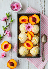 Aerial photo of a baking dish filled with peach and cream ice cream, surrounded by peach slices and petals, on a white wooden surface with a pink-striped cloth and a silver spoon.