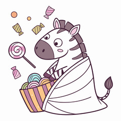 Mischievous expression on a Zebra in a Birthday theme, with wrapped in a blanket – Candy Shop vector art