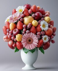 A vibrant arrangement in a white vase, combining fresh strawberries, apples, plums, daisies, gerberas, grapes, peaches, and tulips in a vivid and artistic fruit-flower bouquet.