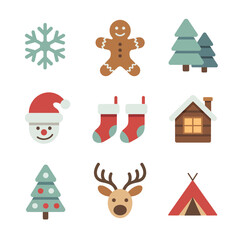Fototapeta premium Collection of flat design christmas icons including snowflake gingerbread man and santa