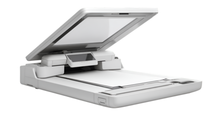 A white scanner with its lid open and a sheet of paper inside ready for scanning documents today
