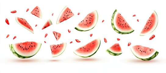 A watermelon devoid of seeds is falling, with its entire scene set on a white background
