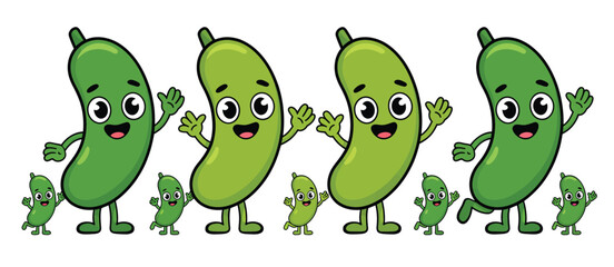 Fototapeta premium Happy cartoon green beans with smiling faces and waving hands in a row