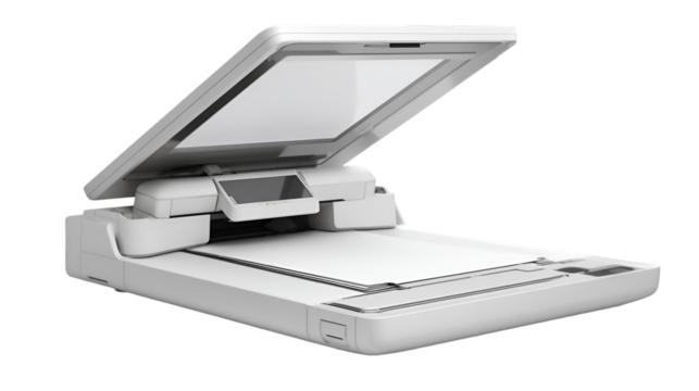 A white scanner with its lid open and a sheet of paper inside ready for scanning documents today