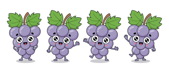 Obraz premium Four happy cartoon grapes with leaves and arms waving hello