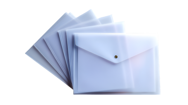 A stack of translucent white plastic envelopes with snap closures on a dark background showing their texture