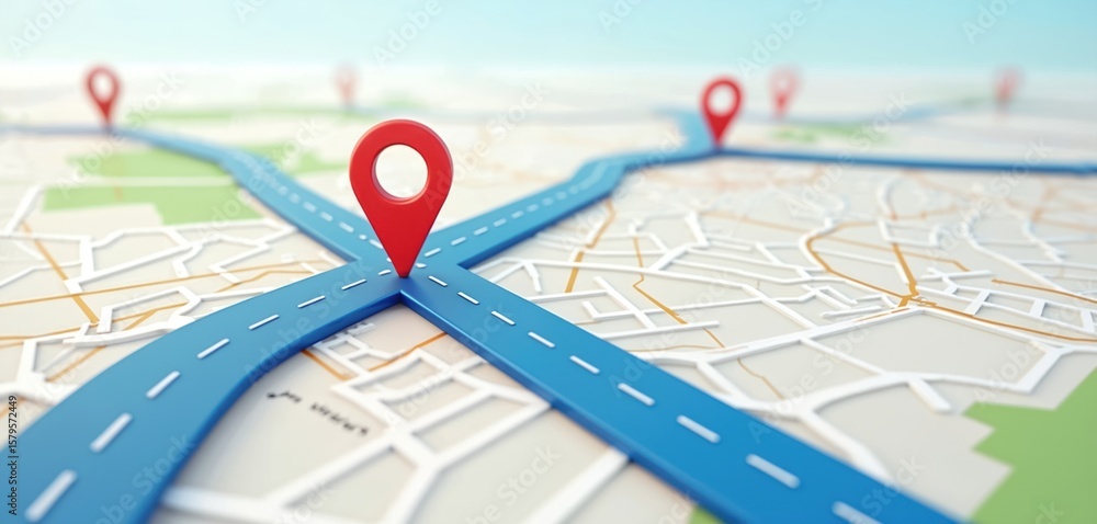 Poster 3d rendering of a gps navigation concept featuring a stylized map with blue roads and red location p