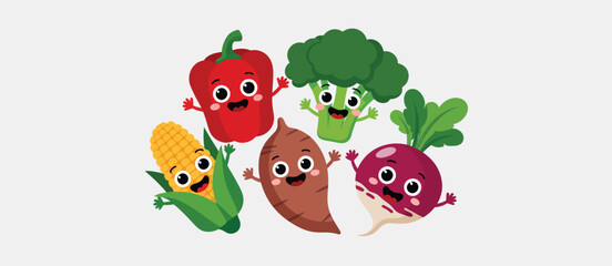 Obraz premium Five happy cartoon vegetables waving and smiling on a light gray background