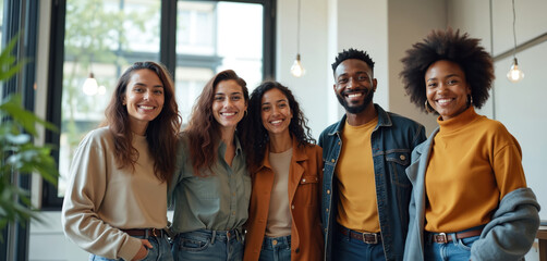 Diverse group of five smiling professionals stand together in modern office setting. Three women, two men, of varying ethnicities, pose happily. Team radiates positivity, success, suggesting
