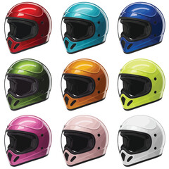 Fototapeta premium Collection of nine colorful full face motorcycle helmets arranged in a grid pattern