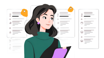 This illustration depicts a person standing with a large checklist, symbolizing productivity and task completion.


