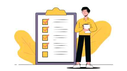 This illustration depicts a person standing with a large checklist, symbolizing productivity and task completion.

