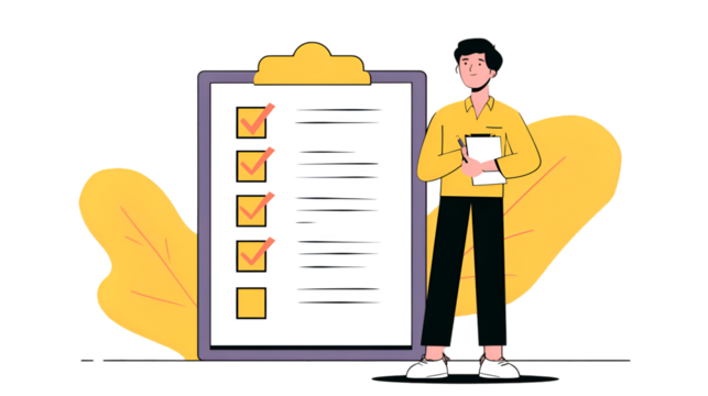 This illustration depicts a person standing with a large checklist, symbolizing productivity and task completion.

