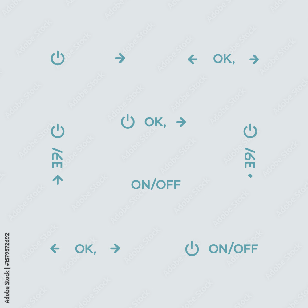 Fototapete collection of simple power and navigation icons with text labels on a light blue background