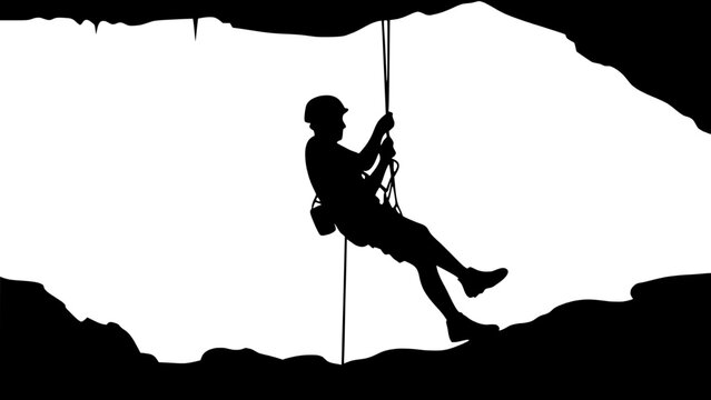 A simplified silhouette of a caver or spelunker rappelling into a cave opening, viewed from a side angle. Rope, helmet, and safety harness are visible as part of the design.


