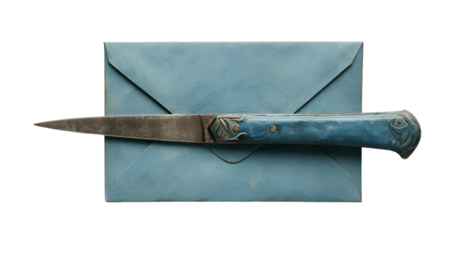 A Vintage Letter Opener Pierces a Blue Envelope, Symbolizing Secret Messages and Intrigue