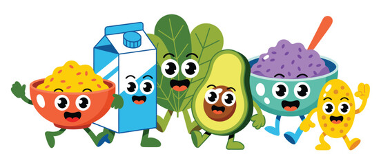 Obraz premium Cute cartoon food characters including cereal milk avocado spinach and potatoes having fun