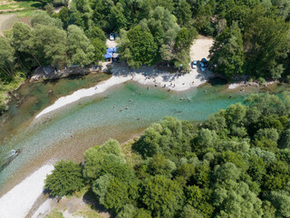 Albania river, Black Drin summer landscape near Peshkopi city beach in clear water