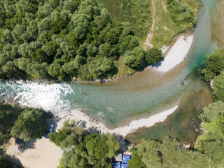Albania river, Black Drin summer landscape near Peshkopi city beach in clear water
