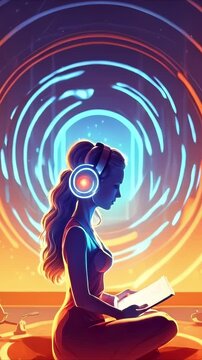 Healing Sounds and Sound Therapy, Sound bath, Singing bowls, Woman in headset in sound healing therapy and meditation, Healing, Relaxing Frequencies and Vibrations, Resonance, balanced chakras, energy