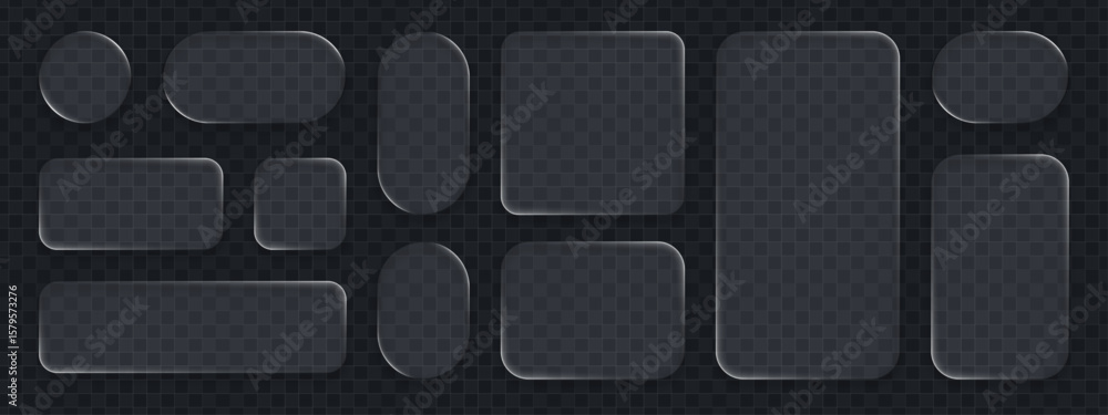 Aufkleber Set of liquid glass vector elements. Blank translucent buttons and frames in various shapes. User interface design concept.