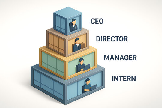 corporate hierarchy pyramid concept showing business structure from intern to ceo in office building layers representing career levels leadership and organizational management