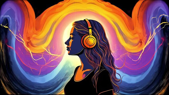 Healing Sounds and Sound Therapy, Sound bath, Singing bowls, Woman in headset in sound healing therapy and meditation, Healing, Relaxing Frequencies and Vibrations, Resonance, balanced chakras, energy