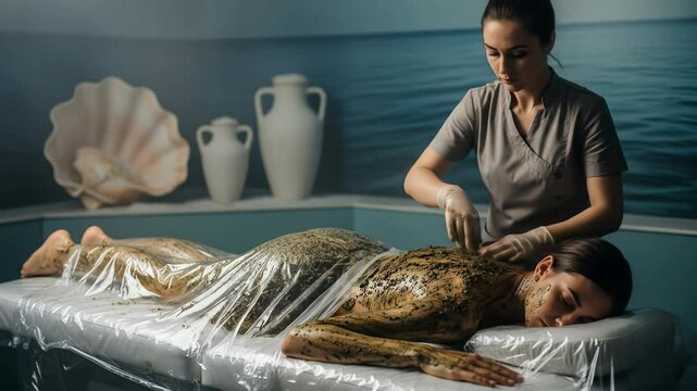 Woman receiving full body wrap treatment in a spa room with ocean view, applied by a female masseuse, footage.