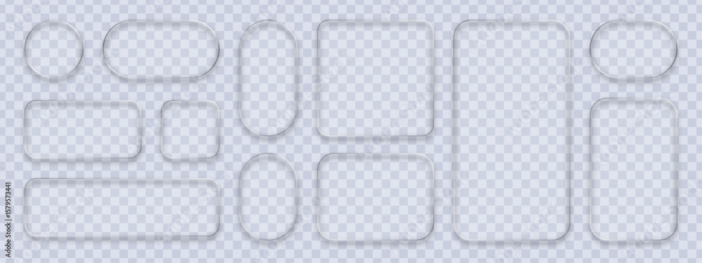 Poster set of liquid glass transparent plates with reflections on a checkered background for a user interfa