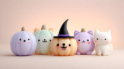 Adorable Kawaii Pumpkin Characters with Cats and Witch Hat

