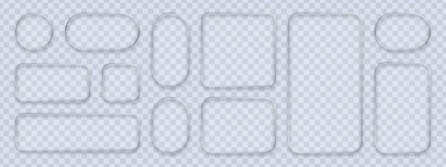 Set of liquid glass transparent plates with reflections on a checkered background for a user interface.