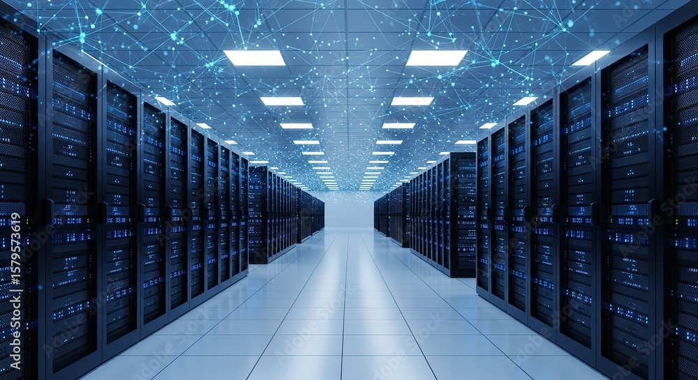 Poster modern data center aisle with rows of servers illuminated by blue lights and a digital network overl