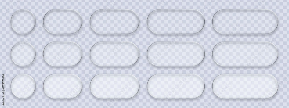 Poster Set of liquid glass frames on transparent background. Realistic blank vector buttons with reflection and shadow for web interface design.