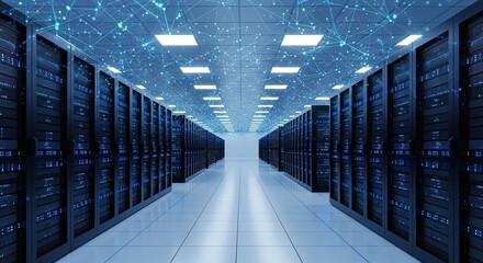 Modern data center aisle with rows of servers illuminated by blue lights and a digital network overlay