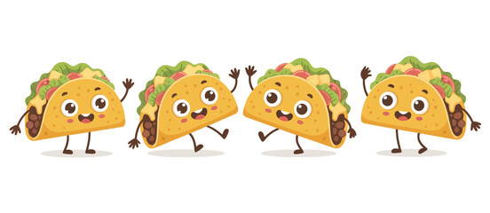 Naklejka premium Four happy cartoon tacos with arms and legs dancing and waving