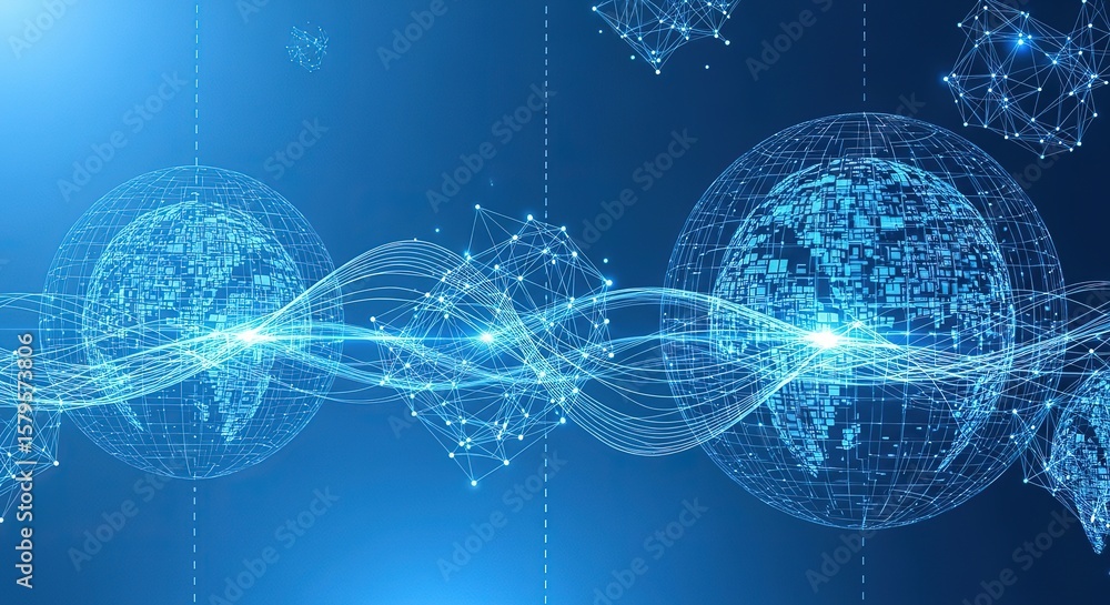 Poster abstract digital network connecting glowing global spheres with intricate lines and nodes on a deep 