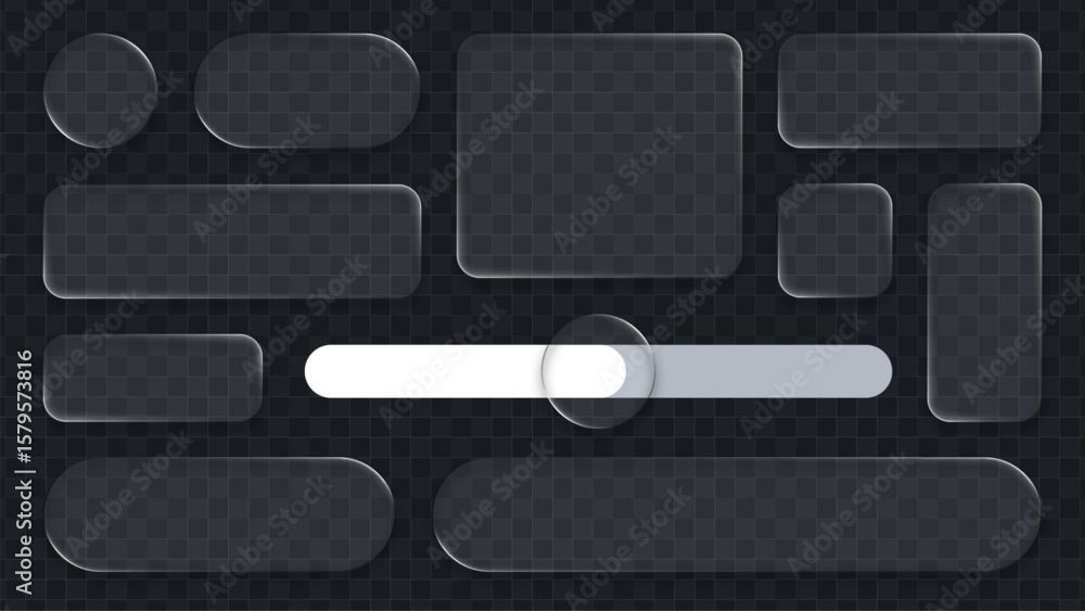 Poster various blank liquid glass frames and slider element with transparent background. clean ui ux design