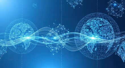 Abstract digital network connecting glowing global spheres with intricate lines and nodes on a deep blue background