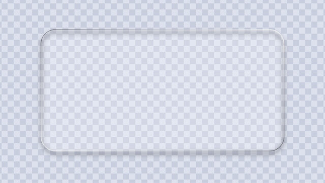 Rectangular glass plate with rounded corners. Clear liquid glass frame, ui design element. Shiny glossy panel.