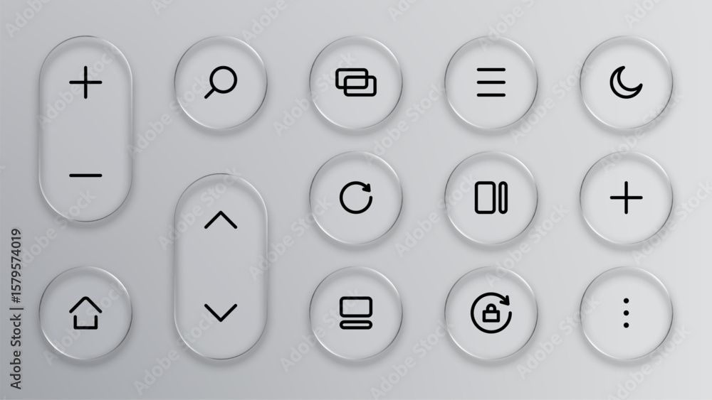Poster computer icons set on a light gray background with liquid glass vector effect for modern application